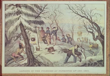 Le débarquement des pèlerins à Plymouth, 11 décembre 1620, gravé par Nathaniel Currier